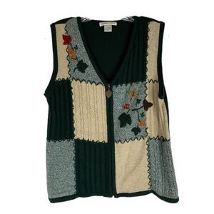 Allison Daley Cardigan Women’s Green Tan Sleeveless Fall Autumn Embroidered S
